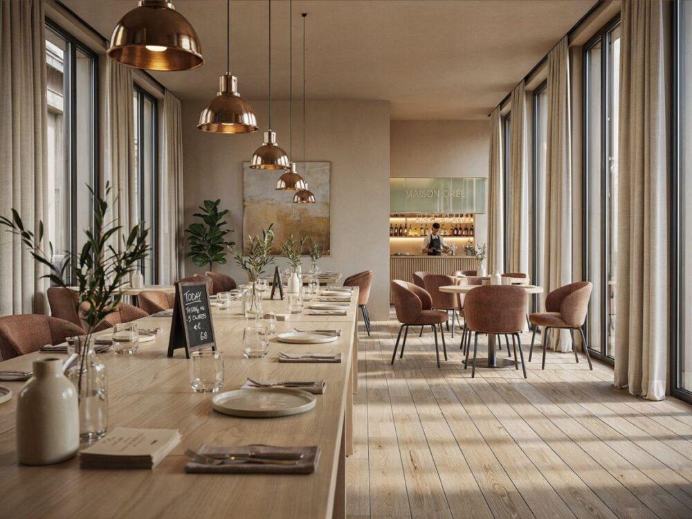 Elegancka aranżacja sali restauracyjnej