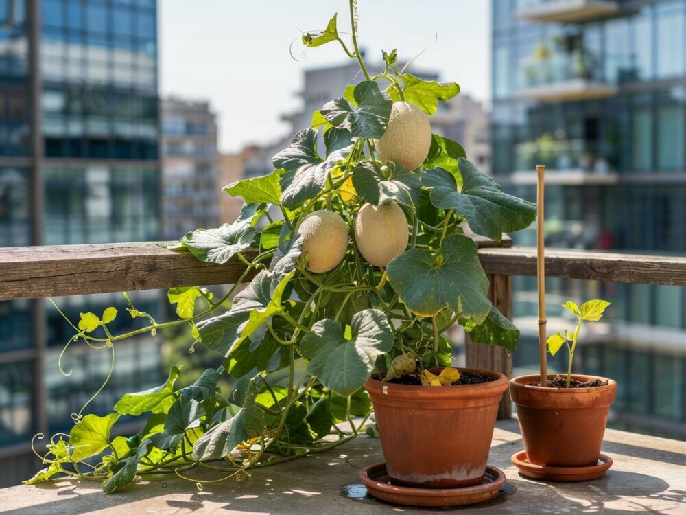 Melon w doniczce na balkonie