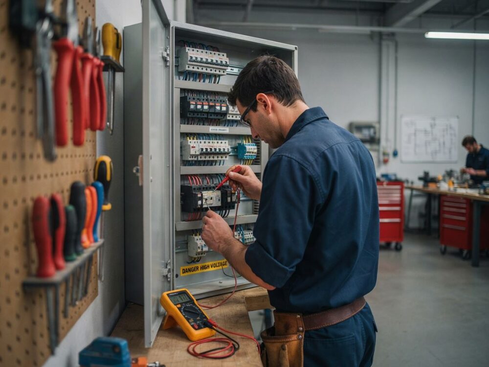 Uczeń technikum przy instalacji elektrycznej